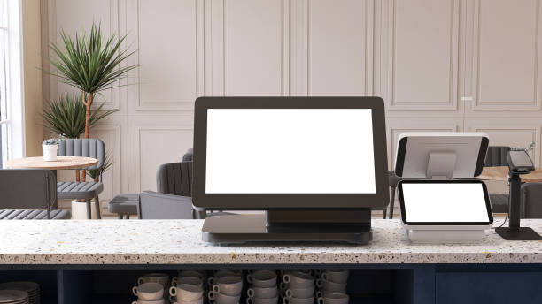 istock Close up of modern digital cash register with blank computer touch screen with tablet and bar code reader on granite counter in elegant and luxury cafe in hotel 1436579082