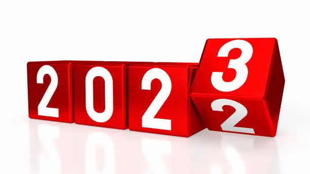 Photo of The 2023 number on red cube for new year or business concept 3d rendering