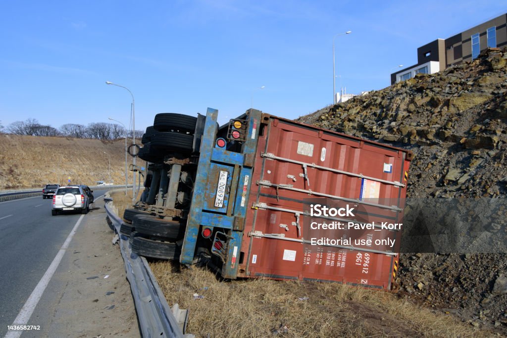 One Container Accident Road Accident The Overturned Trailer With A Container Stock Photo ...