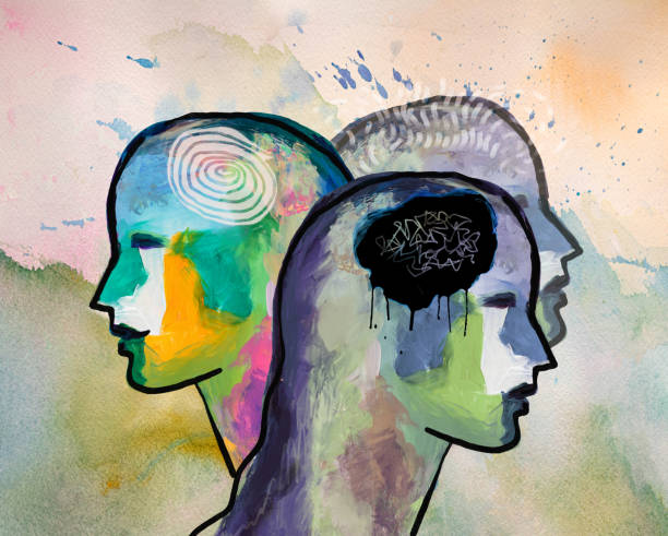 Profile view of  a woman in three mental states. Mental health concept. mood changes Woman's head - Mental health, Mood disorder, bi-polar, mental state, bipolar disorder stock illustrations