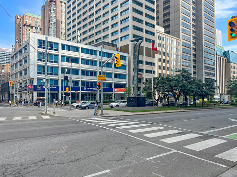 The street view of University Ave and Dundas Street, Ontario, Canada.