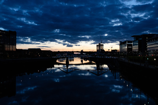 Downtown Glasgow and the the River Clyde during a nice summer sunset. Merchant City area, Scotland