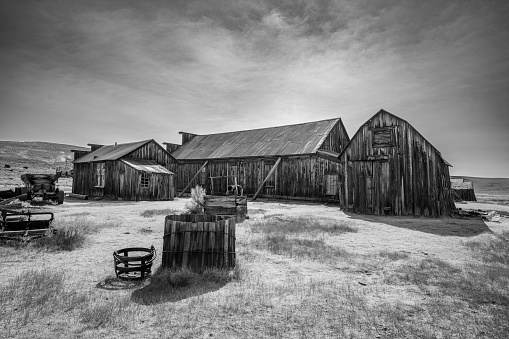 Old western style horse drawn wagons lined up in front of old western buildings,\n\nTaken in Cody, Wyoming.