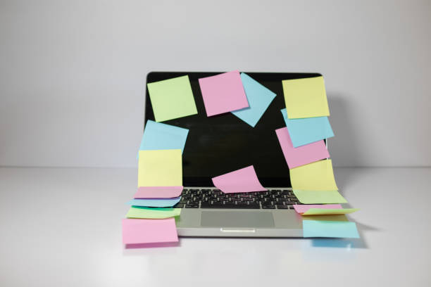 istock Laptop full with an empty stickers isolated on a white background 1436589782