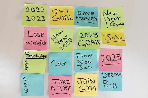 New year 2023 resolutions and goals written on a sticky notes on a white isolated background