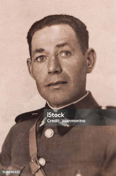 Black And White Image Taken In The 40s Spanish Civil Guard Mid Adult Man Portrait Guardia Civil Stock Photo - Download Image Now