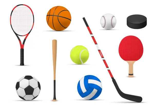 Vector illustration of Sports equipment for active fitness game playing set realistic vector competition team activity