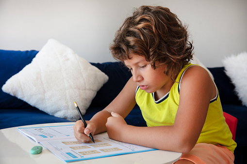 Thoughtful schoolboy doing homework alone at home