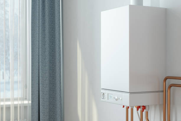 close-up vista da caldeira em casa - boiler gas boiler thermostat control panel - fotografias e filmes do acervo