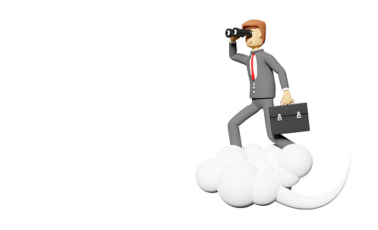cartoon character businessman hand holds binocular with briefcase on cloud ,isolated on white background ,3d render