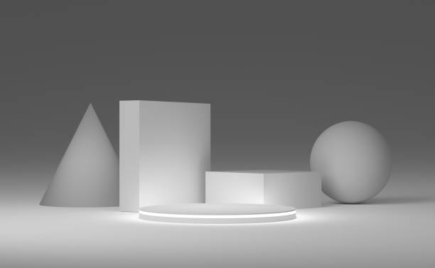 istock podium empty with geometric shapes in gray composition for modern stage display and minimalist mockup ,abstract showcase background ,Concept 3d illustration or 3d rendering 1436600404