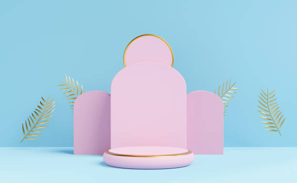 istock cylinder stage podium empty with geometric shapes in blue pastel composition. Summer decorate concept ,abstract showcase background ,3d illustration or 3d render 1436602217