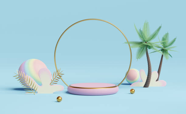 istock cylinder stage podium empty with geometric shapes and coconut tree in blue pastel composition. Summer decorate concept ,abstract showcase background ,3d illustration or 3d render 1436602240