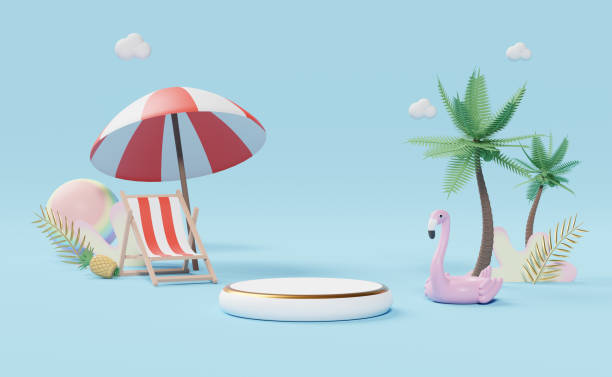 istock cylinder stage podium empty with summer beach background and beach chair,ball,Inflatable flamingo ,palm leaf ,coconut tree ,concept 3d illustration or 3d render 1436602261