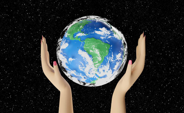 istock woman hands holding planet world with space background. 3d illustration or 3d render 1436603300