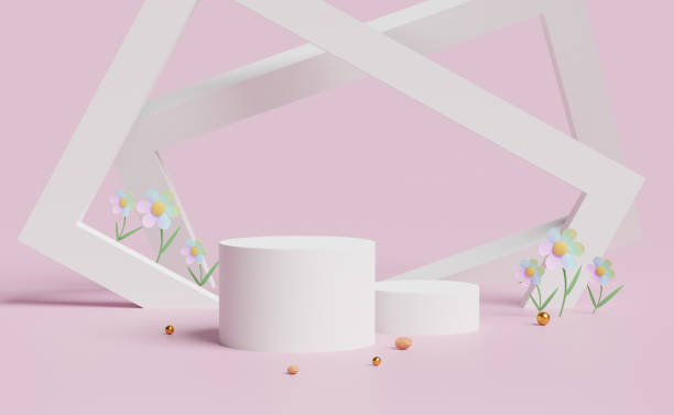 istock cylinder stage podium empty with flower,ball in pink pastel composition. Summer decorate concept ,abstract showcase background ,3d illustration or 3d render 1436603323
