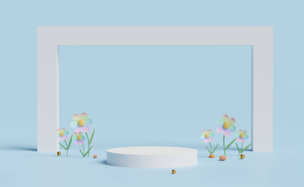 istock cylinder stage podium empty with flower,ball in blue pastel composition. Summer decorate concept ,abstract showcase background ,3d illustration or 3d render 1436603327