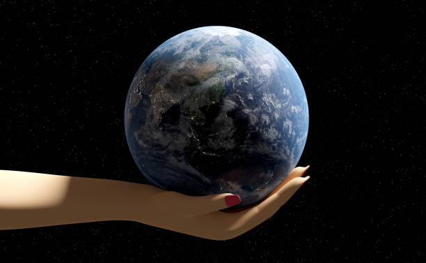 istock woman hands holding planet world with space background. 3d illustration or 3d render 1436603820