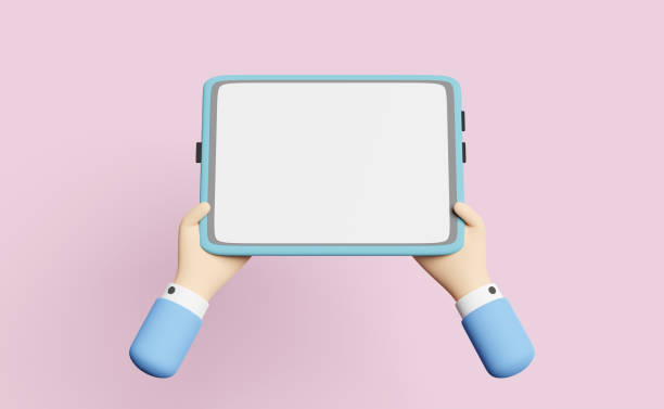 istock businessman hand holding tablet computer isolated on pink pastel background ,3d illustration or 3d render 1436603847