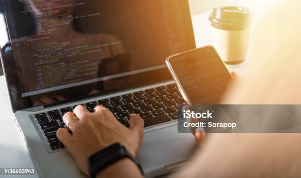 Software Developer Hands Typing Data Coding Programming Javascript With ...
