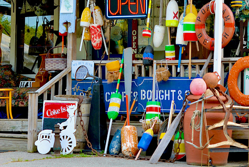 Phippsburg, Maine, USA - June 29, 2019: “Maggie’s Bygones” is an antiques shop that sells a variety of unique gifts and nautical-themed products popular with tourists and locals alike.