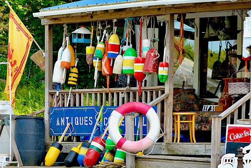 Phippsburg, Maine, USA - June 29, 2019: “Maggie’s Bygones” is an antiques shop that sells a variety of unique gifts and nautical-themed products popular with tourists and locals alike.