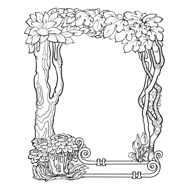 Vector illustration of Floral Border. Outline hand drawn botanica frame. Vector illustration.