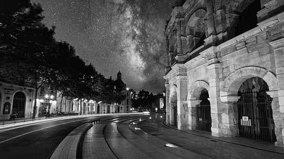 Side road of the Nimes arena with a stunning Milky Way  sky