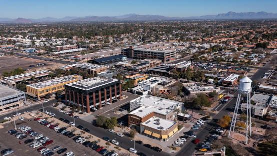 Aerial view of downtown Gilbert, Arizona, USA.