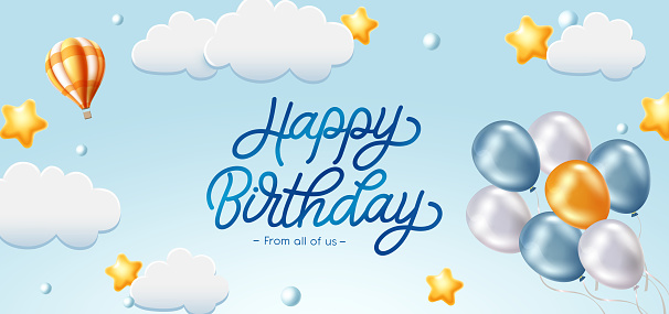Birthday vector banner design. Happy birthday text in sky with clouds and bunch of balloons element for cute birth day celebration messages. Vector illustration.