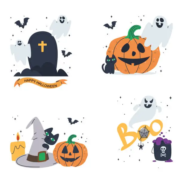 Vector illustration of Cemetery, sinister pumpkin and flying ghosts. Set of 4 halloween stories, flat vector