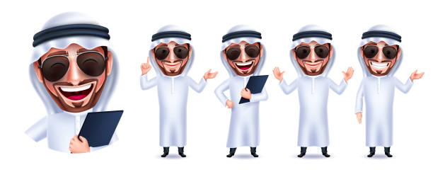 Arab man characters vector set design. Saudi man cool handsome character with sunglasses collection isolated in white background. Arab man characters vector set design. Saudi man cool handsome character with sunglasses collection isolated in white background. Vector Illustration. background of the cool guy wearing sunglasses stock illustrations