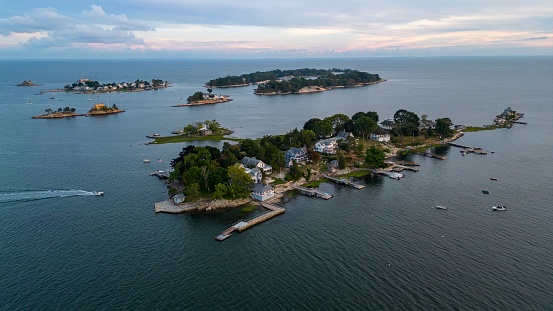 An aerial shot of the Thimble Islands in Branford, CT, USA