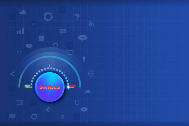 istock Concept of skills. Increasing the level of knowledge. Power control turned to maximum. Dark blue background. copy space. Education. Business. 1436624526