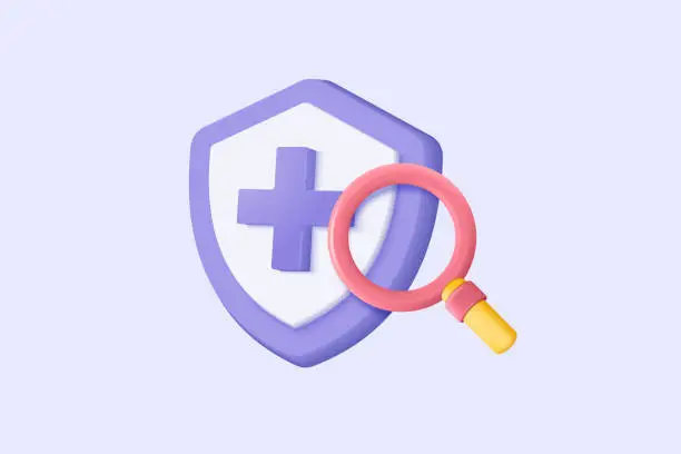 Vector illustration of 3d purple plus sign with search icon or magnifying glass in blank background. First aid and health care with minimal style. Medical symbol of emergency help. 3d aid icon vector render illustration