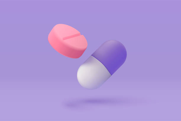 ilustraciones, imágenes clip art, dibujos animados e iconos de stock de medicamento de farmacia 3d para productos farmacéuticos de salud sobre fondo púrpura. caricatura mínima de primeros auxilios y atención médica. símbolo médico de ayuda de emergencia. 3d aid medicine icon vector render illustration - píldora