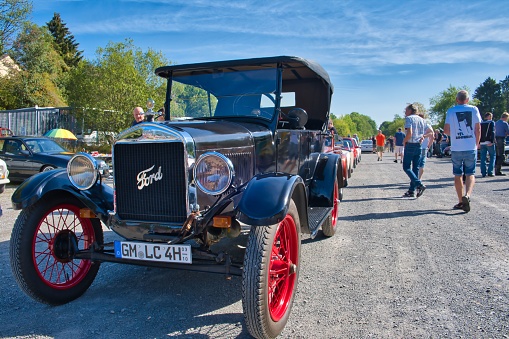 Burscheid, Germany – August 21, 2022: Black Ford Model T, produced from 1908 - 1927 ,oldtimer, classic car, front view