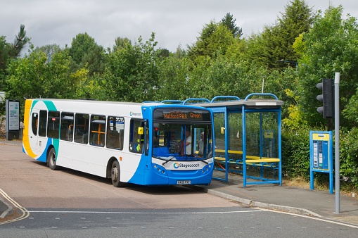 Exe, United Kingdom – August 26, 2022: Exeter, Devon UK- August 26th 2022: Sowton estate in Exeter Park and Ride Bus station ready to leave