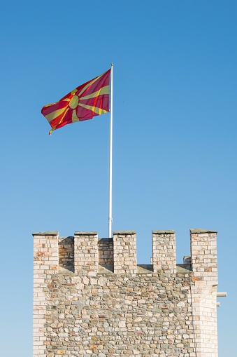Skopje, Macedonia – July 14, 2022: The defensive walls and towers along Kale Fortress or Skopje Fortress, overlooking the city of Skopje, capital of North Macedonia, former Yugoslav