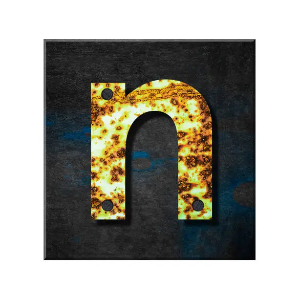 Photo of Letter n. Lower case. Alphabet from letters, from rusty iron, on a wooden plank. Isolated on white background. Education. Design