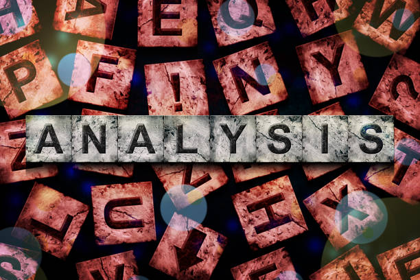 istock Analysis, word on an alphabet on stone blocks, on a red background, with different letters. 1436626863