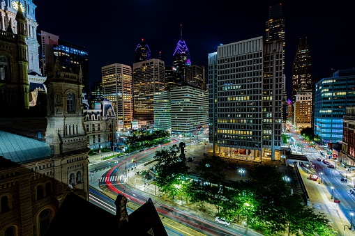 Philadelphia, United States – May 21, 2021: Philadelphia cityscape at night with long exposure street lights