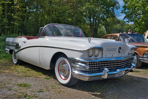 Burscheid, Germany – August 21, 2022: Buick Special cabriolet, manufactured 1954-1958, American old timer car, diagonal front view
