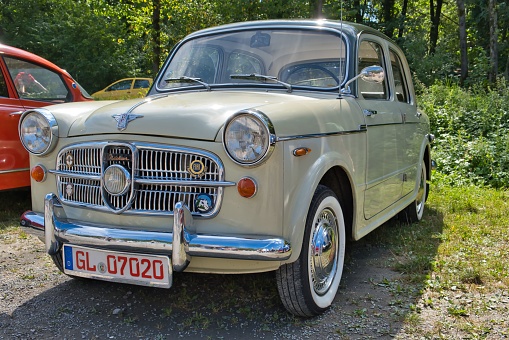 Burscheid, Germany – August 21, 2022: NSU - Fiat Neckar, produced 1957-1960, old timer car, diagonal front view