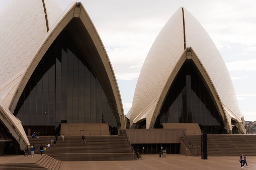 Sydney, Australia – September 09, 2022: The entrance to the famous Sydney Harbour Opera house against a cloudy sky
