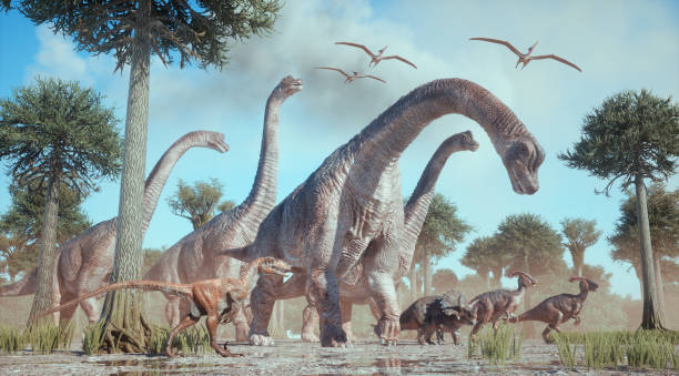 dinosaur species - brachiosaurus, velociraptor, triceratops, parasaurolophus,in the nature. - theropod stockfoto's en -beelden