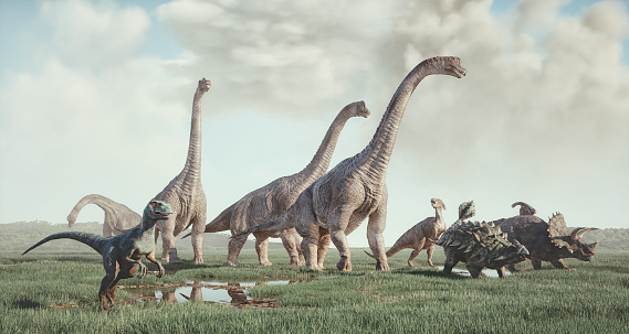 Species of dinosaurs in the nature. This is a 3d render illustration.