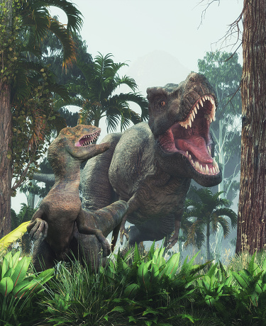 Tyrannosaurus and velociraptor walking through the forest. This Dinosaur lived in the late Cretaceous period. This is a 3d render illustration
