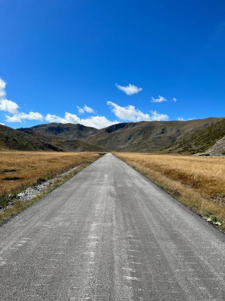 istock Vertical shot of an empty road surrounded by mountains on a sunny day 1436628820