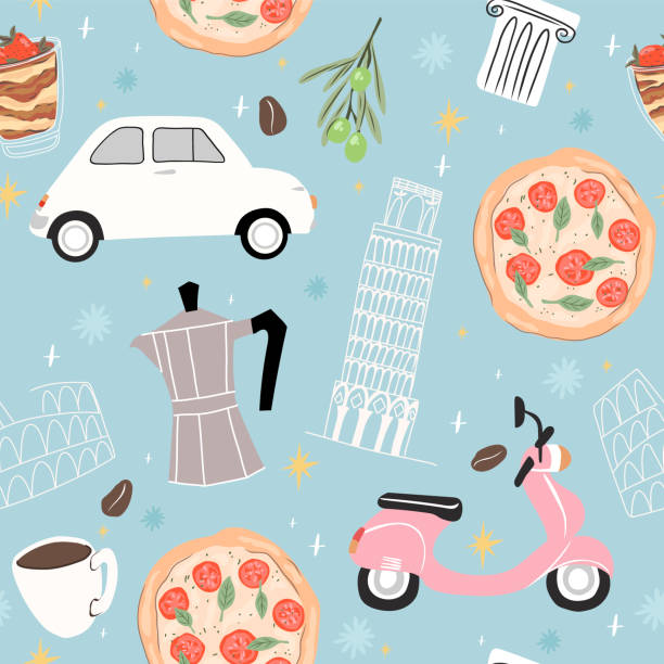 ilustrações de stock, clip art, desenhos animados e ícones de italy seamless pattern. background with fiat 500, vespa scooter, pizza and coffee. perfect for creating fabrics, textiles, wrapping paper, and packaging. - vespa scooter